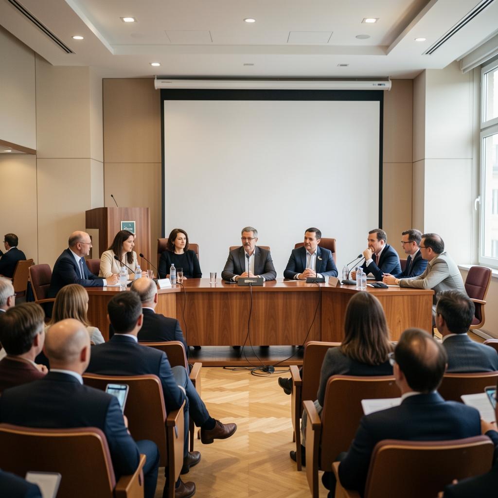 Новинарска конференција у конференцијској сали, панел дискусија о медијској етици, учесници за столом